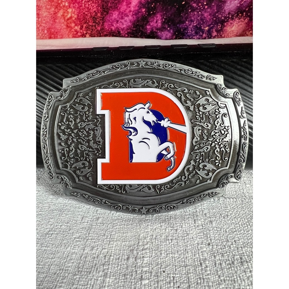 Vintage Denver Broncos NFL Belt Buckle Silver Tone Enamel Western Filigree Logo